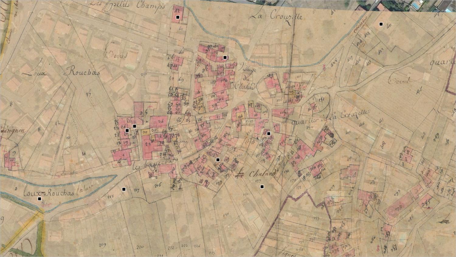 Commune de Châteaugay (haut) : localisation des maisons vigneronnes (cadastre dit napoléonien, 1809, AD Puy-de-Dôme, 51 Fi 265 et 266)