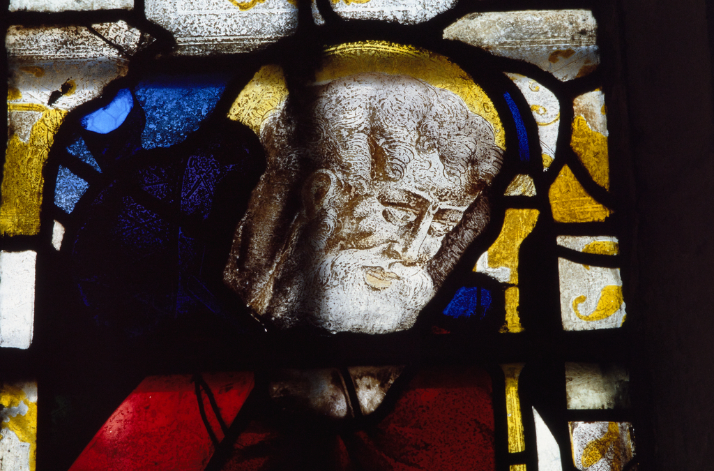 Ensemble de 2 verrières : calvaire, saint Michel, saint Christophe, saint Jacques le Majeur (baie 0), verrière figurée, verrière à personnages