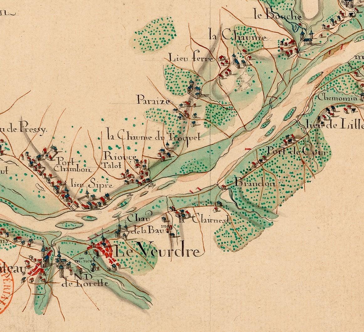 [Extrait de] : Carte du cours de la rivière d'Allier depuis son embouchure dans la Loire au-dessous de Nevers en remontant jusqu'à Moulins... suivant les différents contours dans les heritages riverains en changeant de lit par la quantité de sables qu'elle roule continuellement en ruinant ses bords et chantiers que l'on répare avec battis et perrées aux endroits le plus endomagées et perilleux pour la navigation et bien des particuliers. [Carte du cours de la riviere d'Allier en remontant depuis Moulins jusqu'au dessus de Vichy..]. 1690.  BnF, Cartes et plans : GE C 9465