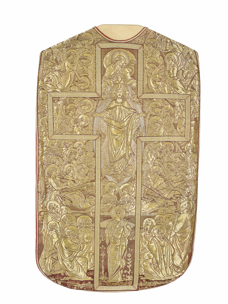 ensemble d'une chasuble, de deux dalmatiques, de deux étoles, de trois manipules, d'un voile de calice, d'une bourse de corporal, d'un voile huméral : ornement doré n°3 dit ornement angélique