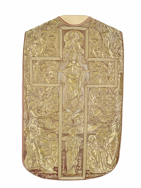 ensemble d'une chasuble, de deux dalmatiques, de deux étoles, de trois manipules, d'un voile de calice, d'une bourse de corporal, d'un voile huméral : ornement doré n°3 dit ornement angélique