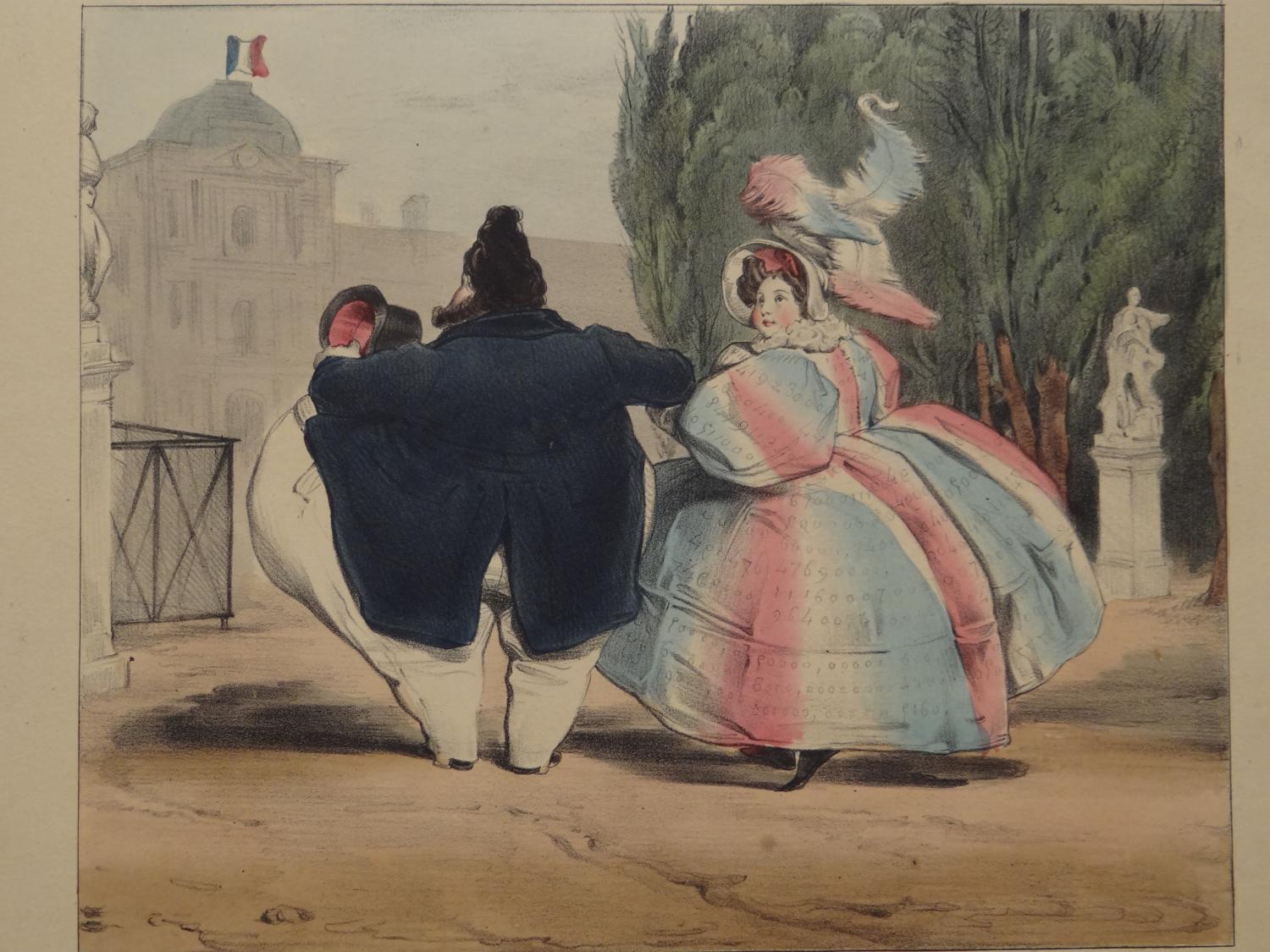 Caricature de Pierre Numa Bassaget (1832) - " Monsieur Budget et Mademoiselle Cassette se promenant aux Tuilleries "