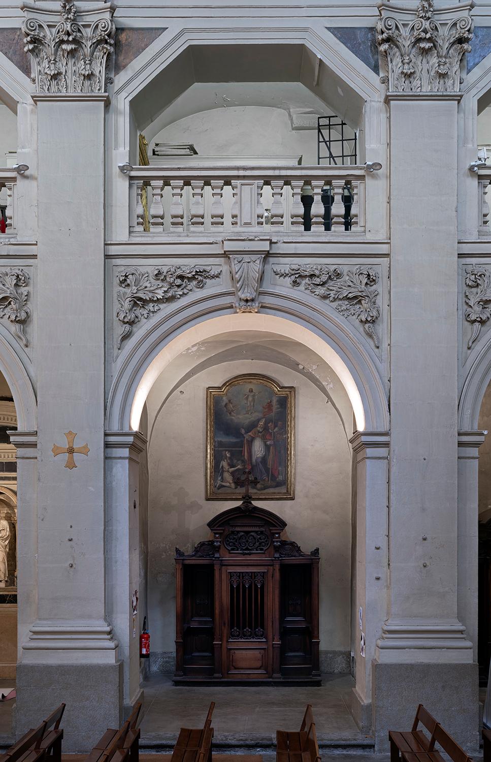 Elévation de la nef : ordre colossal corinthien, arc en plein cintre et tribune polygonale à trois pans