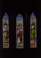 Ensemble de 3 verrières à personnage : saint Pierre ; Christ montrant ses plaies (le) avec saint Jean et saint Auguste (?) ; saint Jacques (baies 0 à 2)