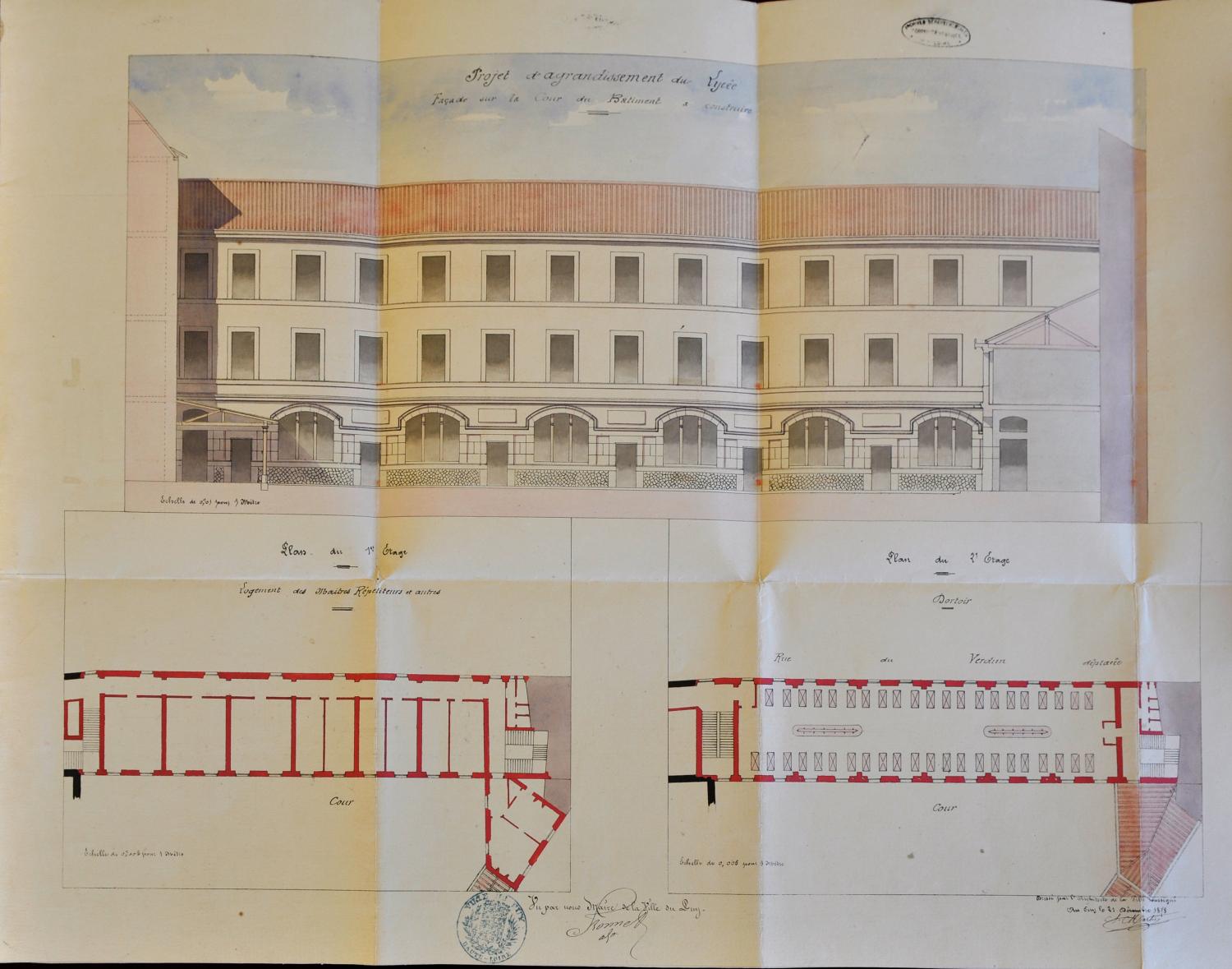 Projet d'agrandissement (1er état) par A. Martin, 1878 : plans et élévation sur cour du bâtiment à construire (AD Haute-Loire, 157 O 4-7/1)