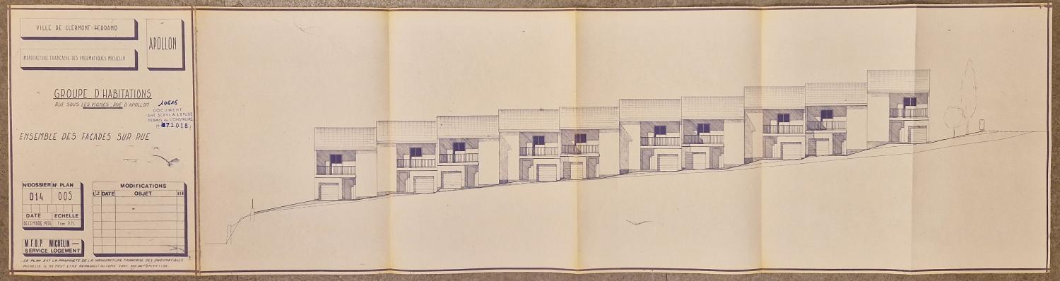 Ensemble des élévations sur la rue d'Apollon (cité du Clos-Chanturgue), 1974