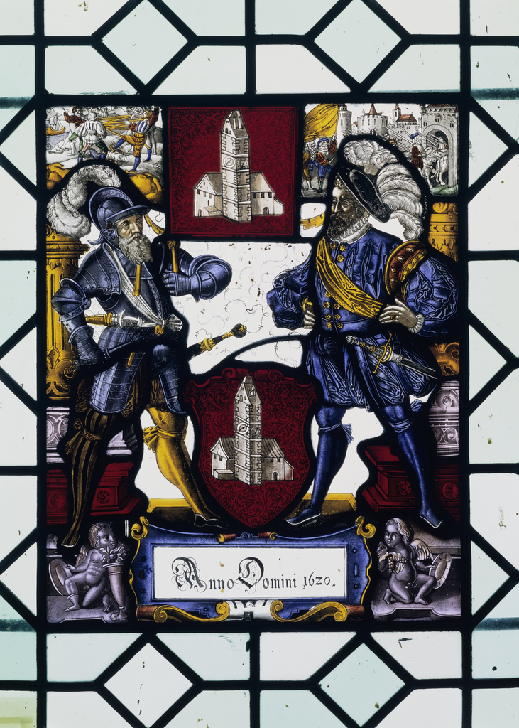 Verrière (vitrail suisse) : banneret et homme tenant une épée (baie 23)