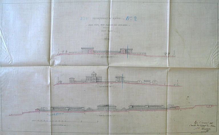 Asile d'aliénés de Bron, puis asile départemental d'aliénés du Rhône, puis asile d'aliénés du Vinatier, actuellement centre hospitalier Le Vinatier