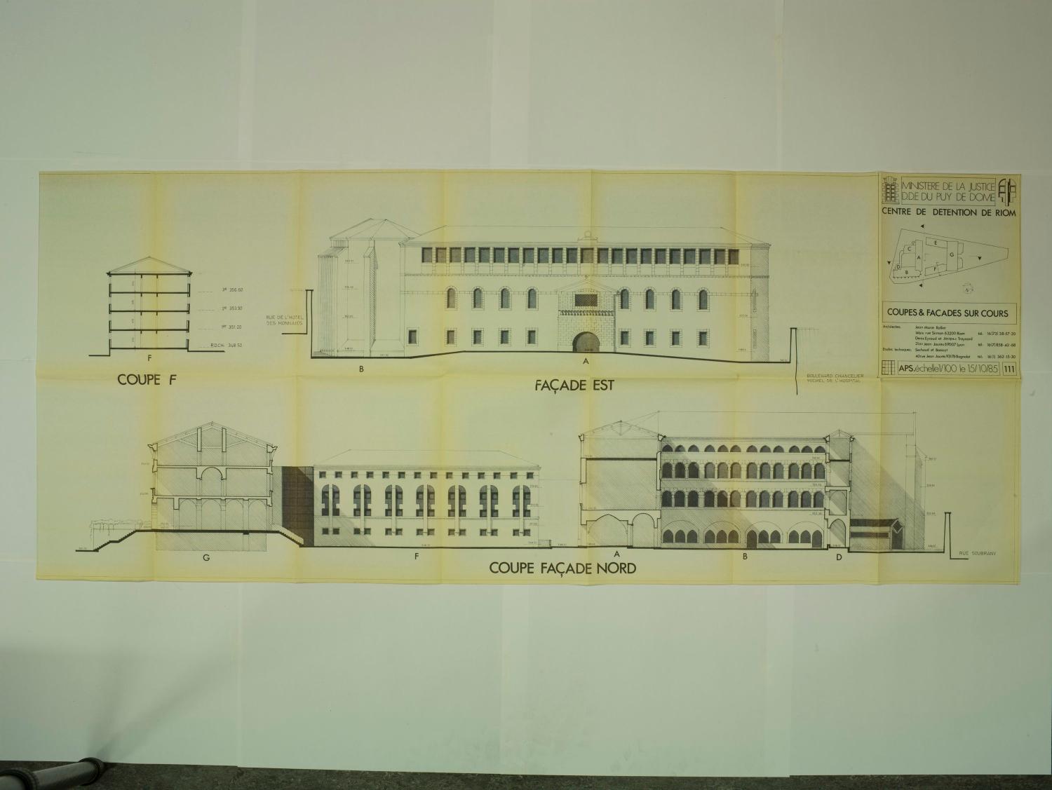 Avant-projet sommaire, coupes et façades sur cours (est et nord), éch. 1/100, 15 octobre 1985, par J-M. Rollier.