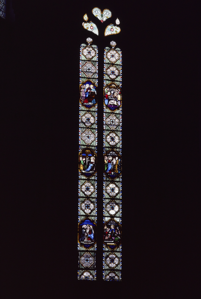 Verrière : Vie de la Vierge et enfance du Christ (baie 1), verrière figurée décorative