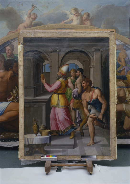 Ensemble des deux tableaux en pendant encadrant le retable de la chapelle : Abraham offrant Isaac, Melchisédech offrant à Dieu le pain et le vin