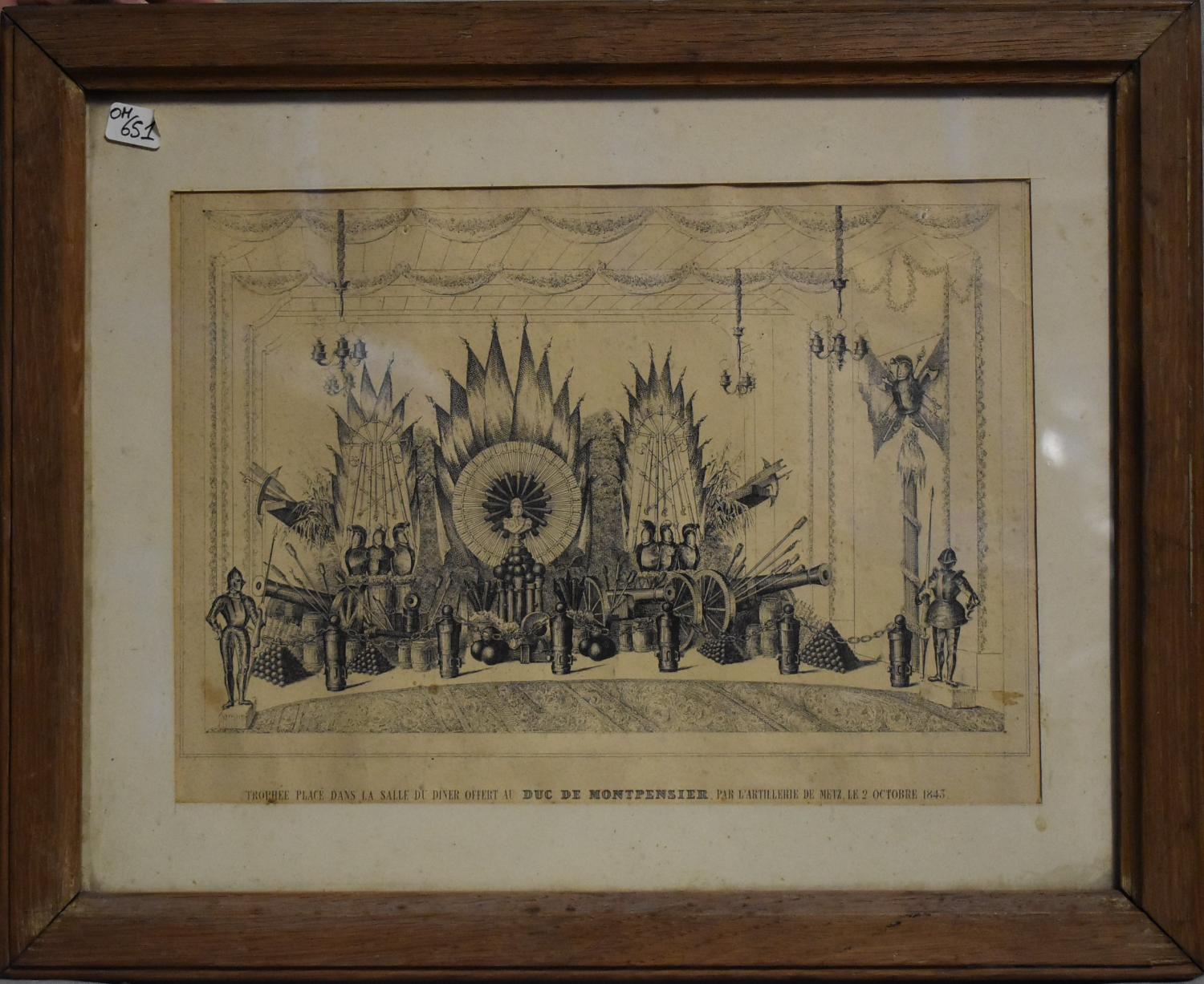 Lithographie : Trophée placé dans la salle du dîner offert au Duc de Montpensier par l'Artillerie de Metz le 2 octobre 1843