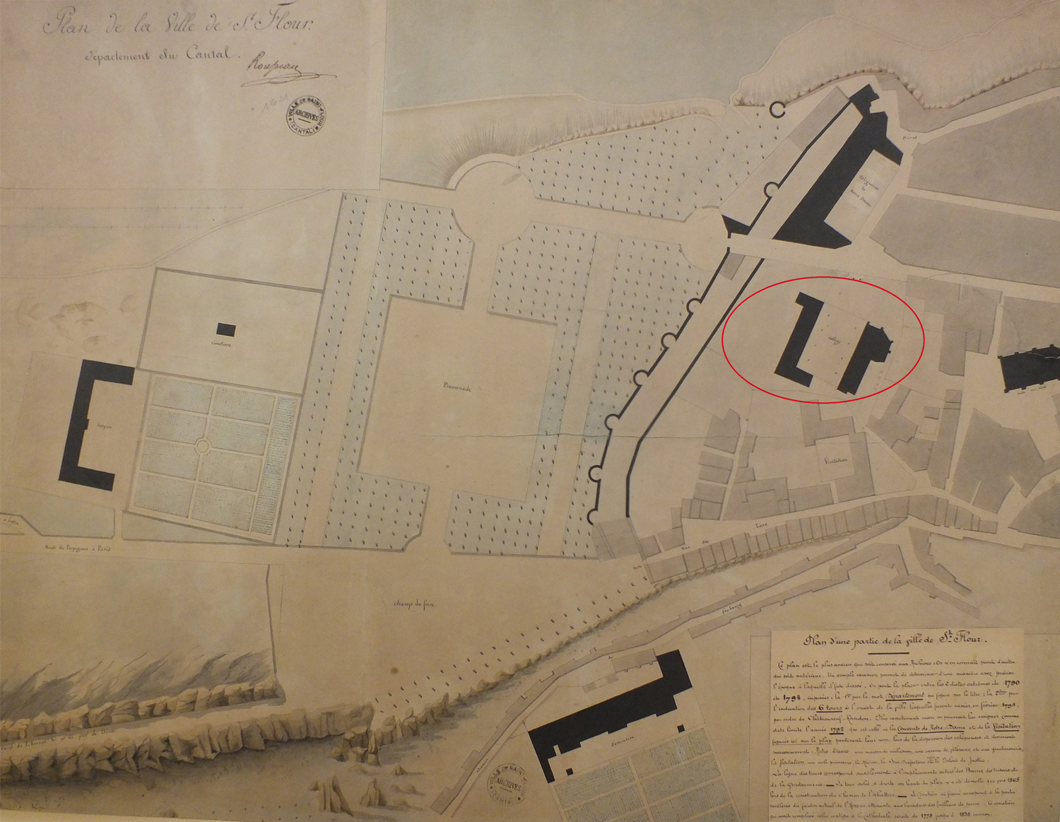 Plan de la ville v. 1790, avec localisation du collège (AC Saint-Flour, 1 G 21)