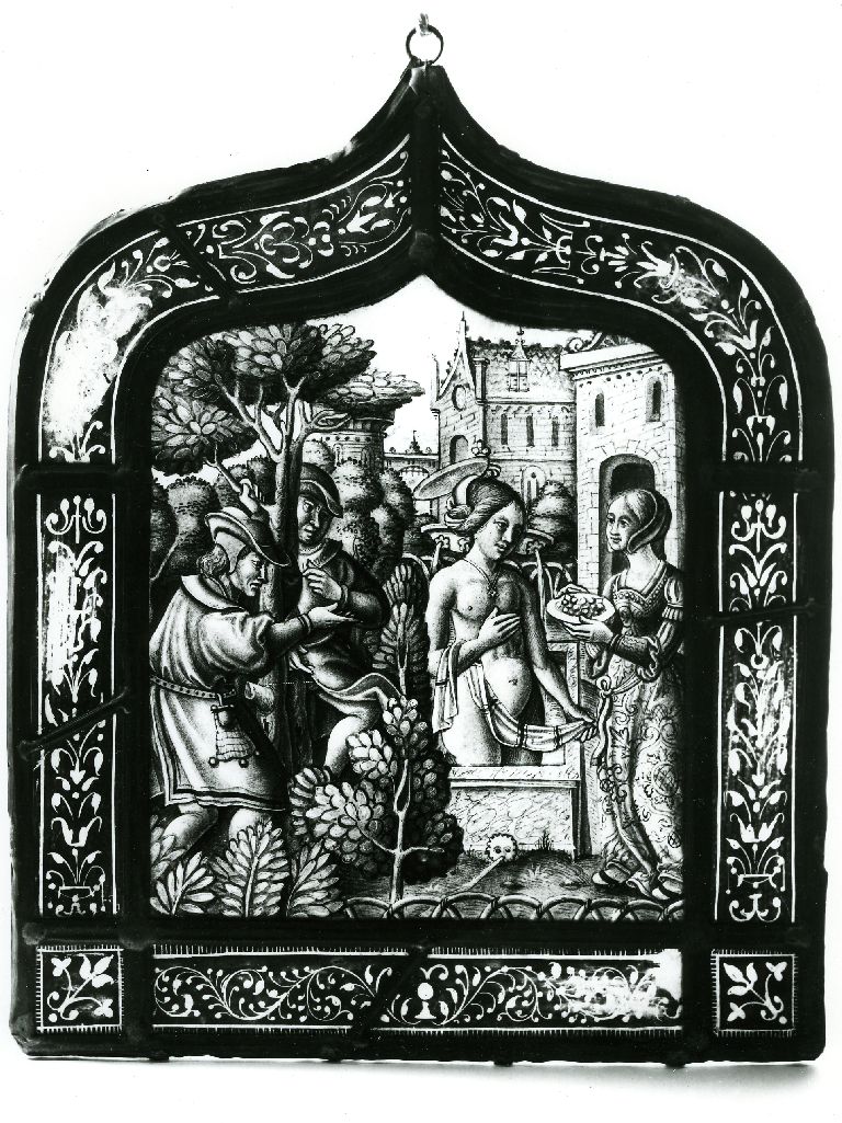 Verrière (2, rondel) : Suzanne au bain, sainte emmenée en supplice, verrière figurée