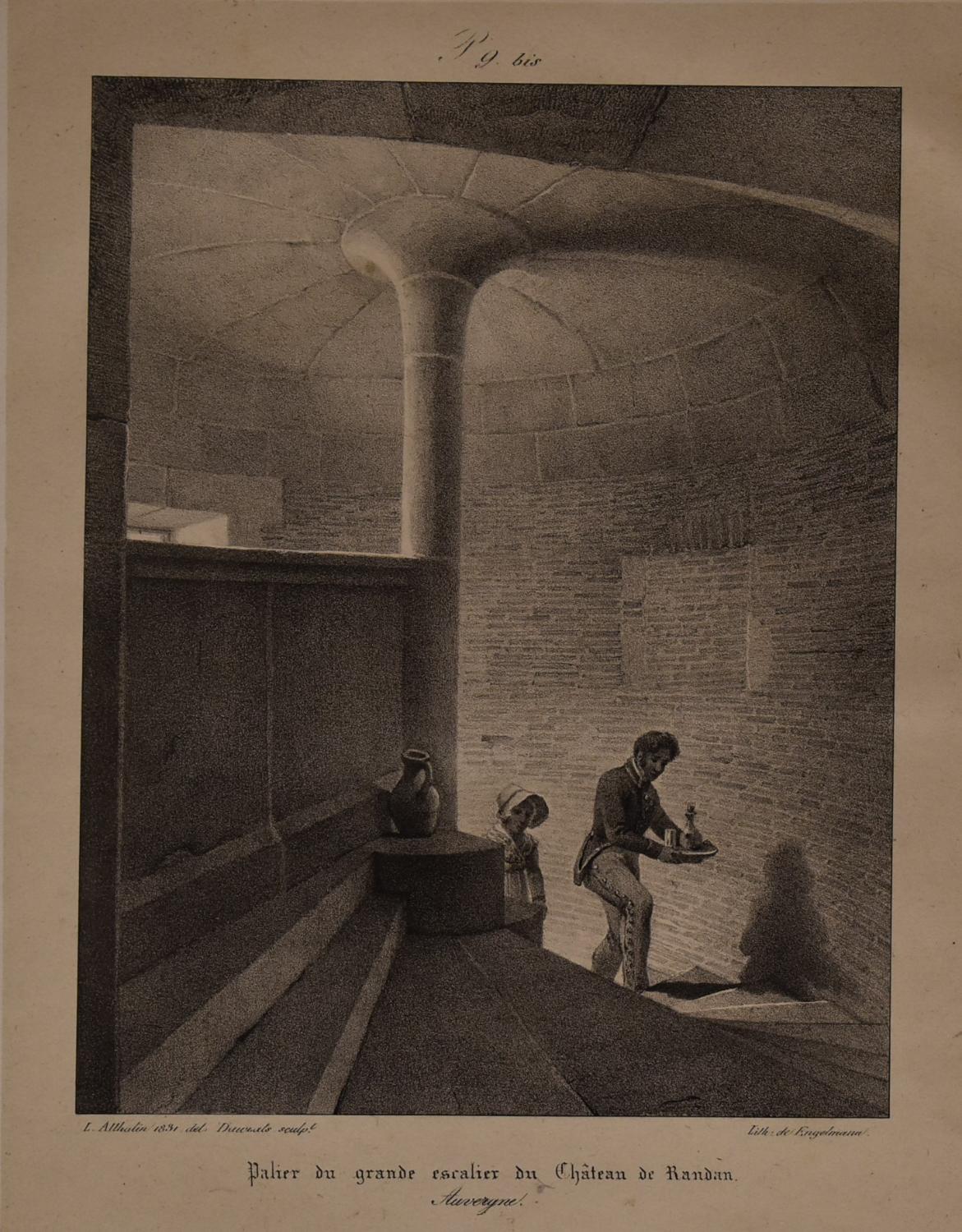 Lithographie de Godefroy Engelmann - " Palier du grand escalier du château de Randan "