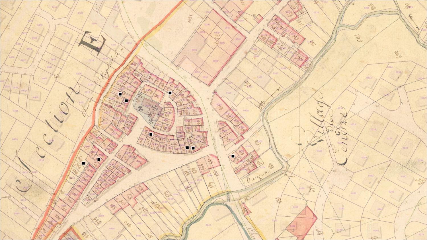 Commune du Cendre : localisation des maisons vigneronnes (cadastre dit napoléonien, 1821, AD Puy-de-Dôme, 51 Fi 263)