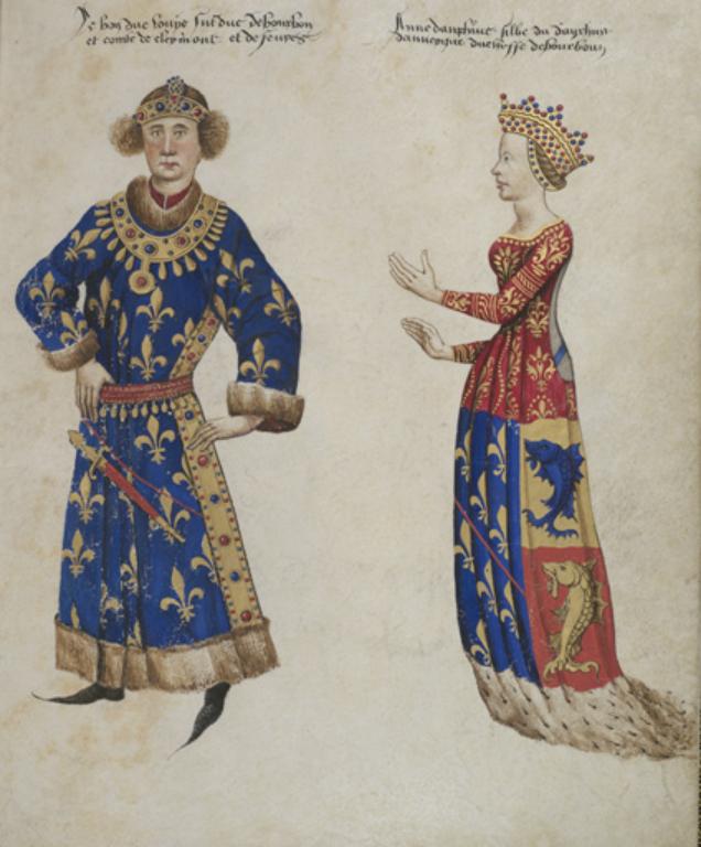 Louis II et Anne Dauphine. Armorial du Forez de Guillaume Revel, vers 1450. Fac-similé par Chéri-Rousseau du manuscrit Fr 22297 de la B.N.F., 19e siècle (Bibl. Diana).