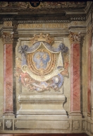 peintures monumentales (2) (décor intérieur, trompe-l' oeil, en pendant) : armoiries du duc et de la duchesse du Maine